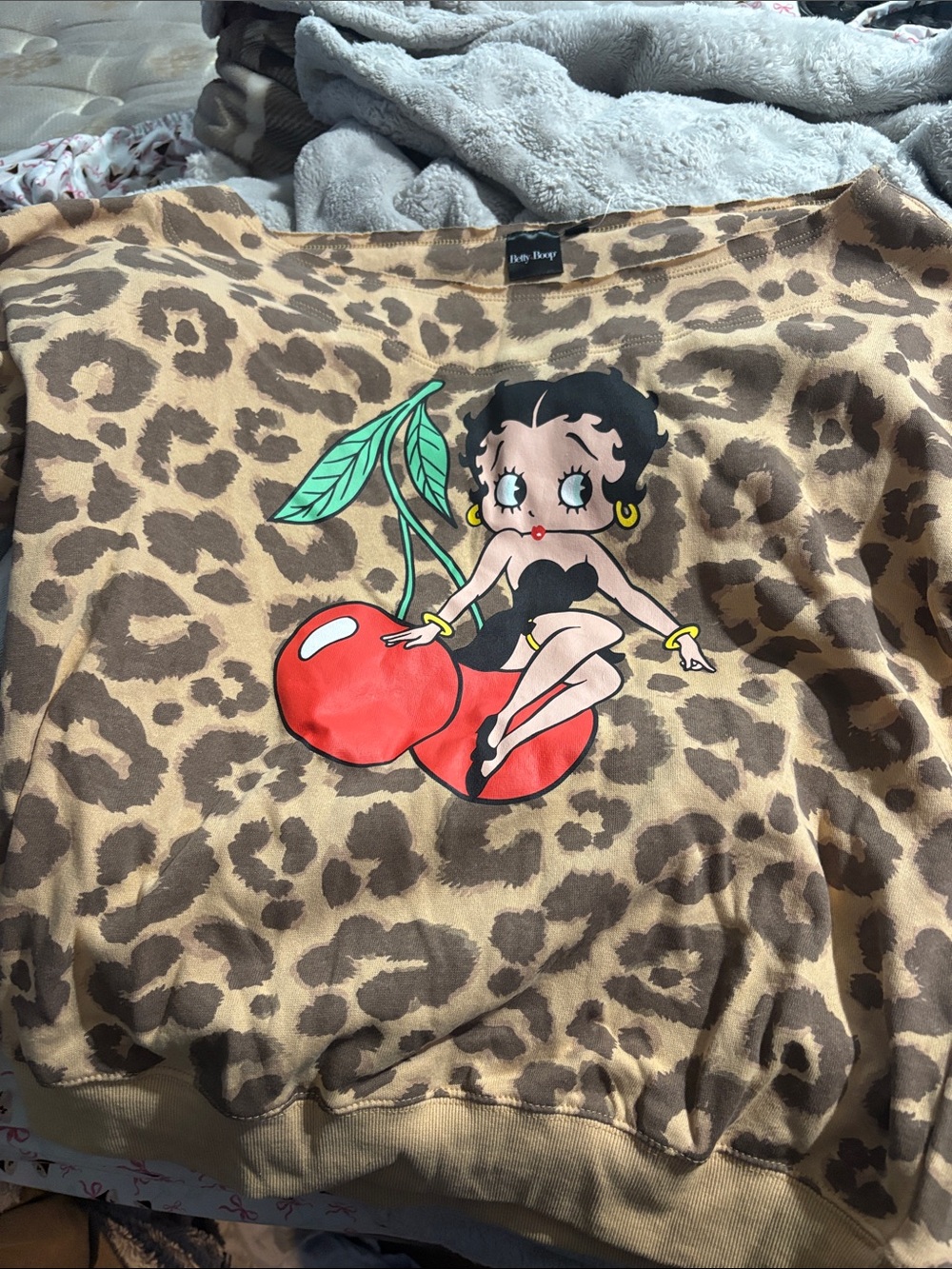 Betty Boop Tan Leopard Sweatshirt with Red Cherry Graphic